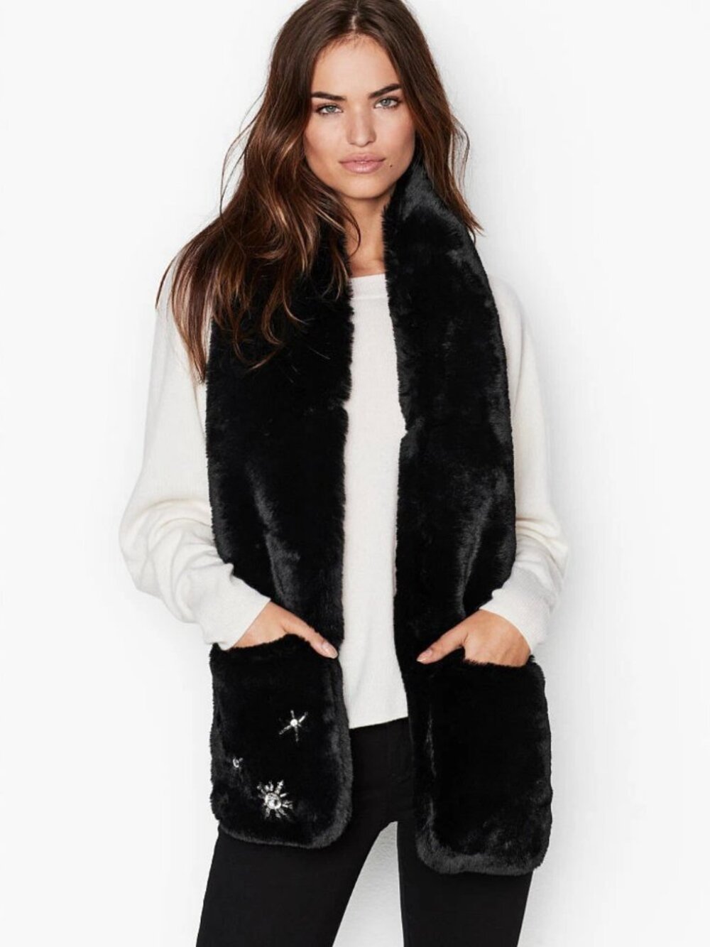 New Victoria's Secret Scarf Winter Angel Black Faux Fur Crystals